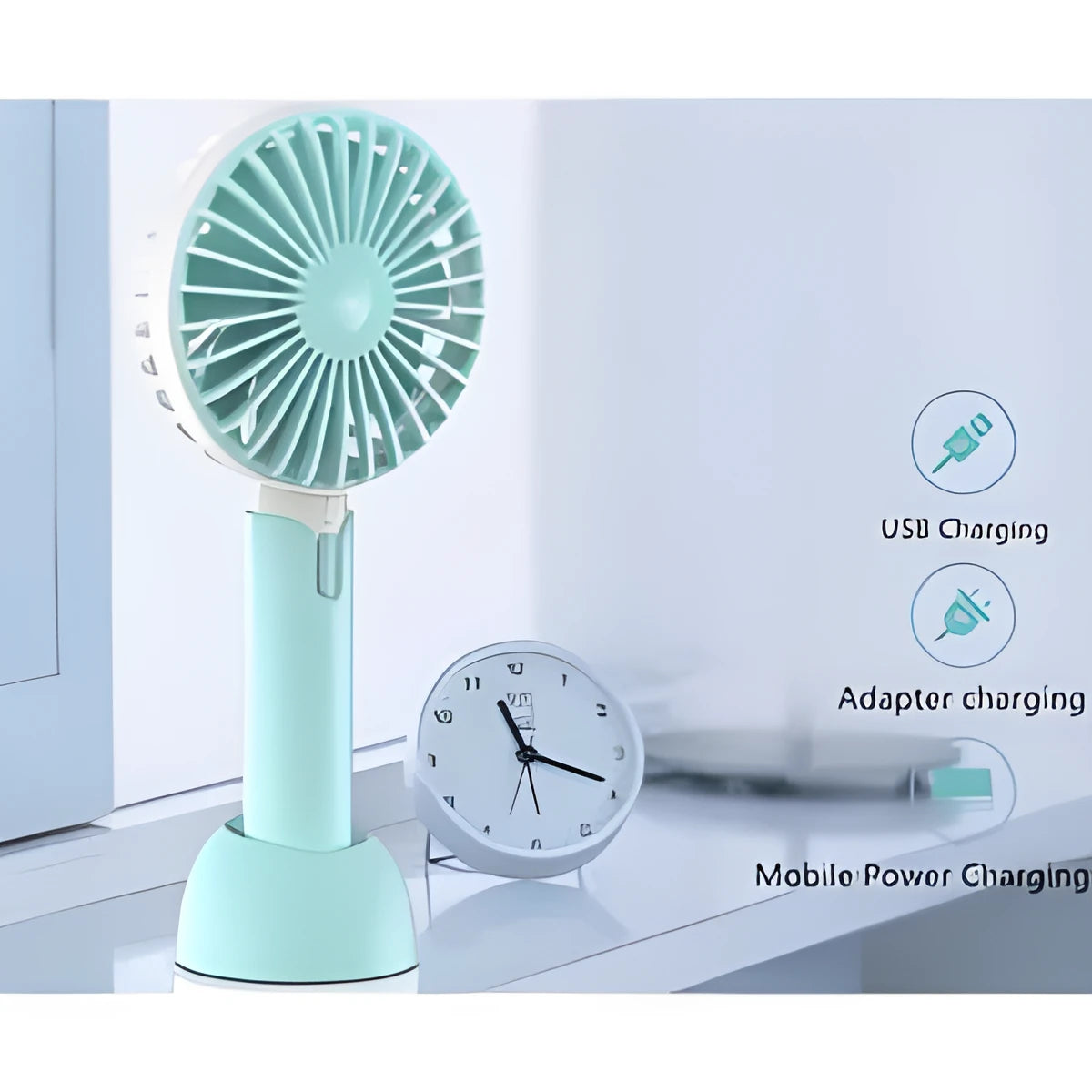 Blue handheld mini USB electric fan with oscillation feature on a desk.