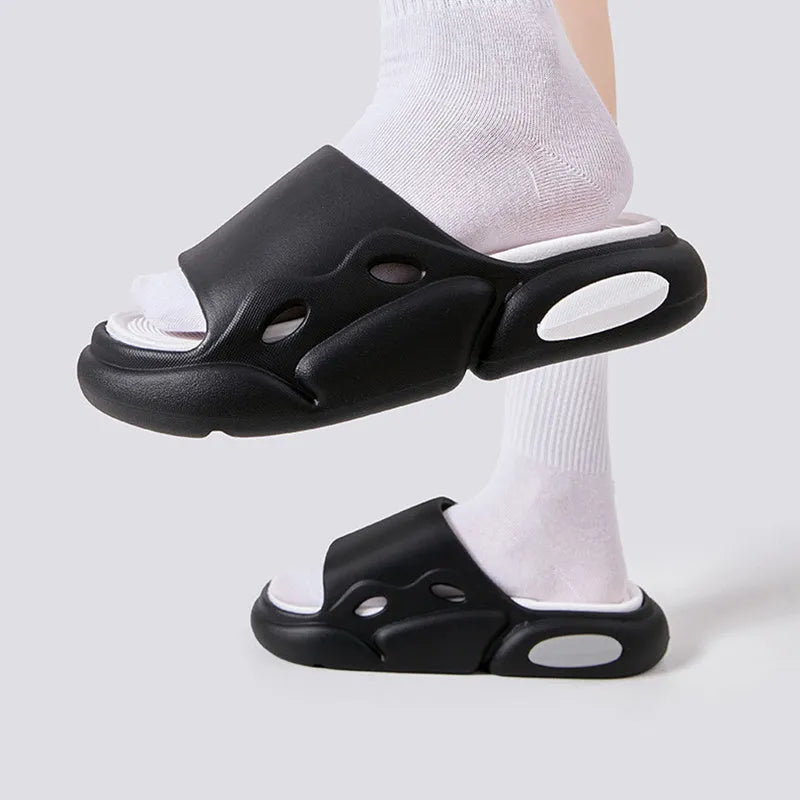 Women's and men's EVA thick-soled couple slippers in two-colour combinations with leather lining