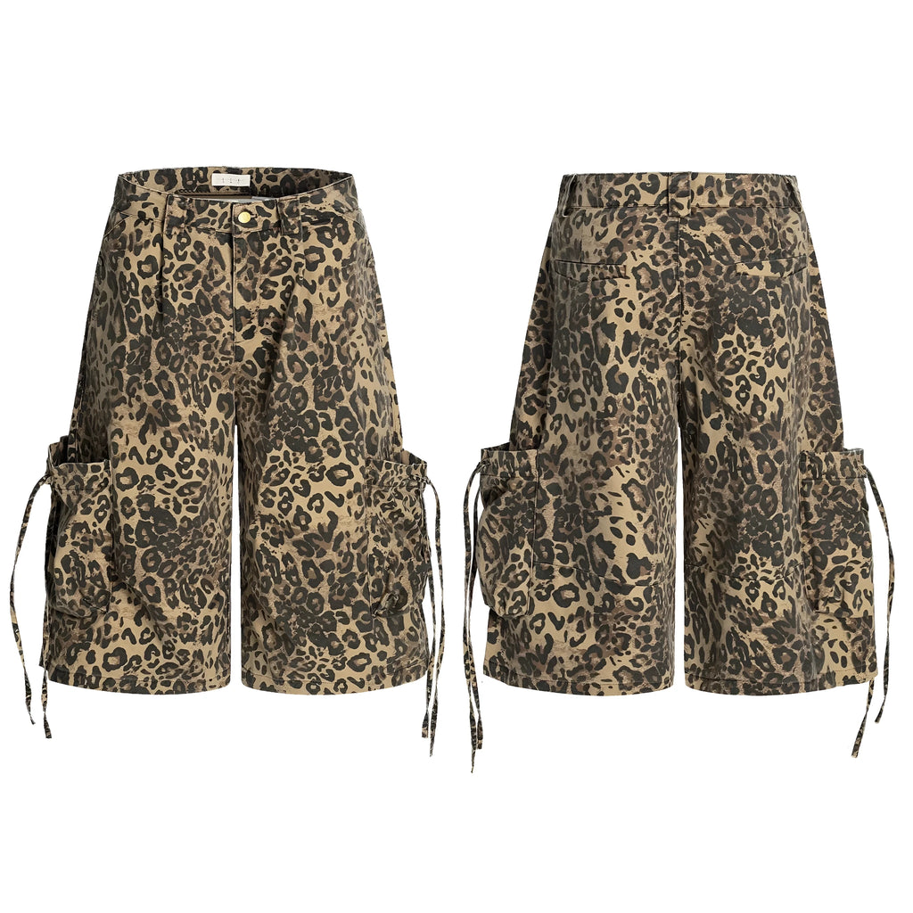 Women's leopard print cropped trousers with high waist and straight leg in cotton fabric