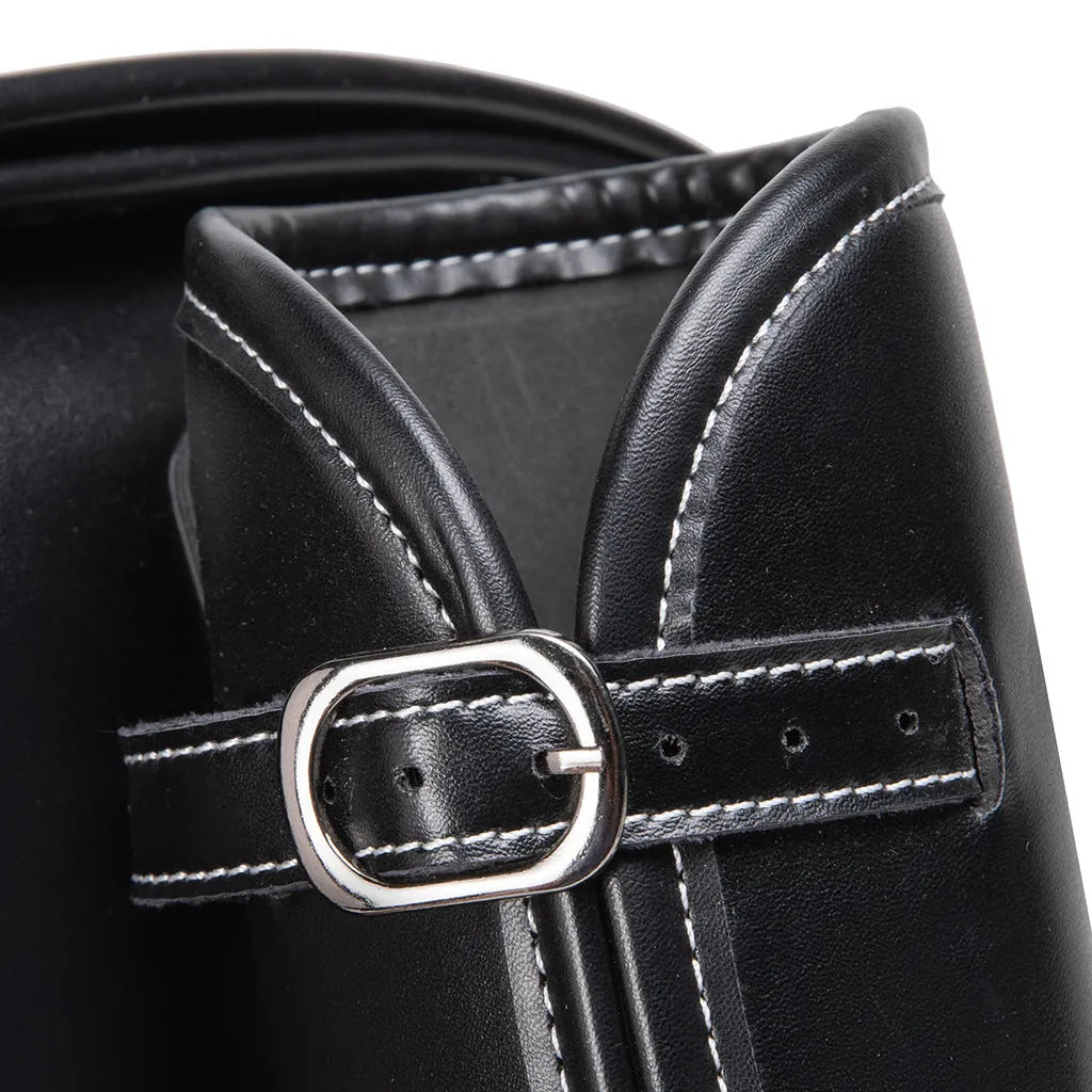 Dark punk style PU leather motorcycle side bag with lockable zippers.