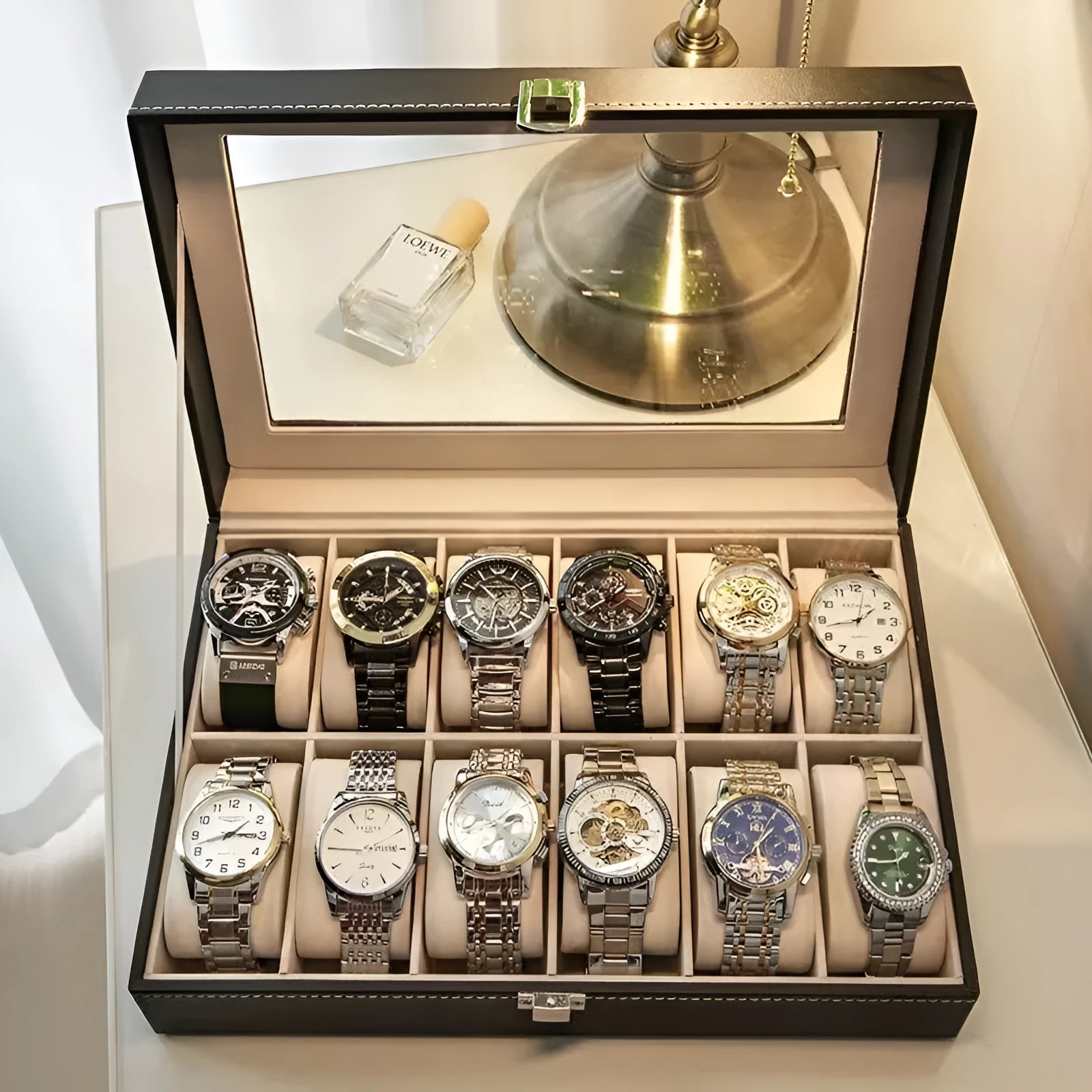 Grey high-grade leather watch storage box with clear acrylic dustproof lid, showing multiple watch capacity options.