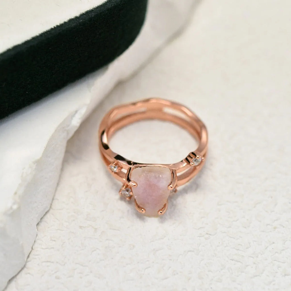 S925 silver geometric ring with triangular moonstone in rose, white, or yellow gold plating on a size guide.