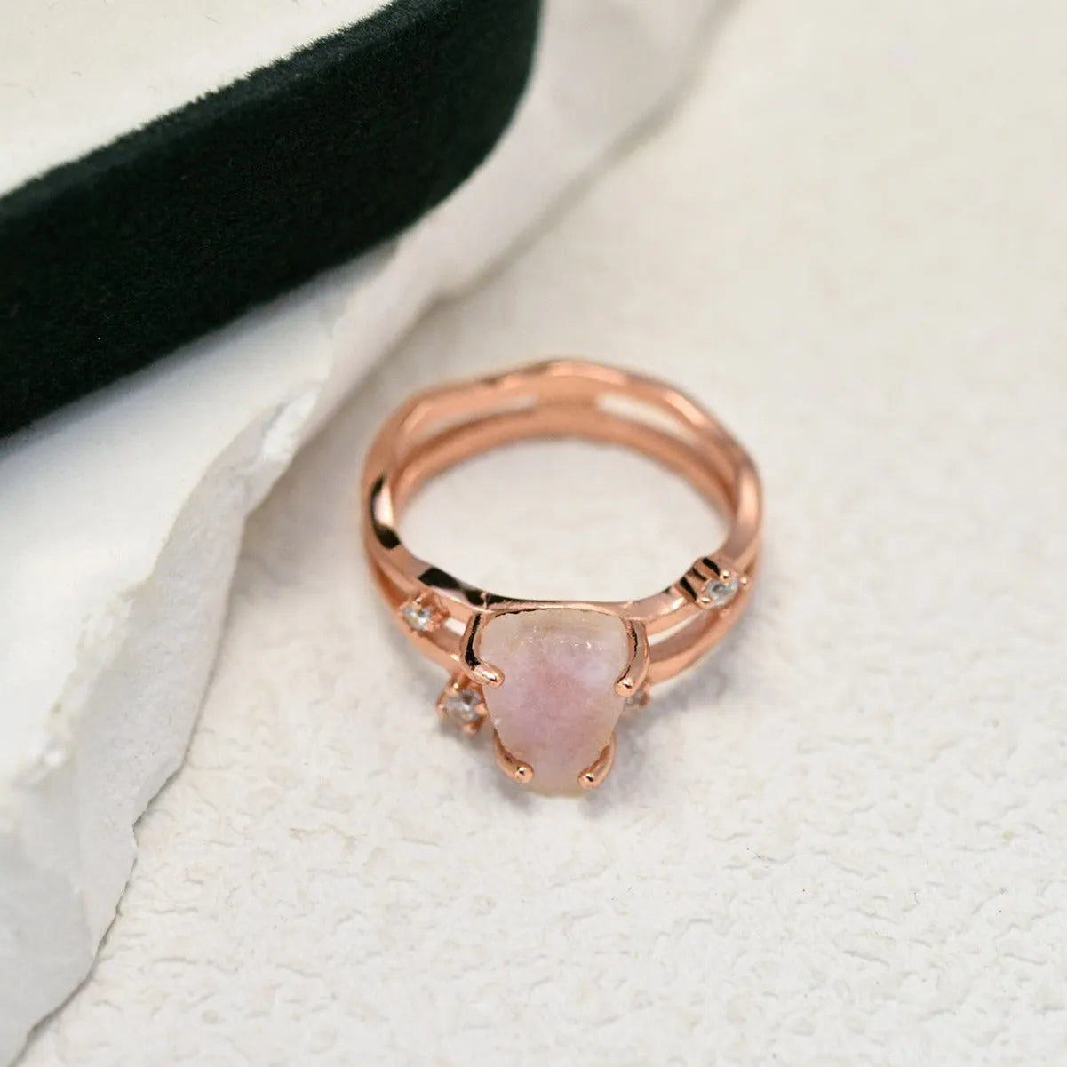 S925 silver geometric ring with triangular moonstone in rose, white, or yellow gold plating on a size guide.