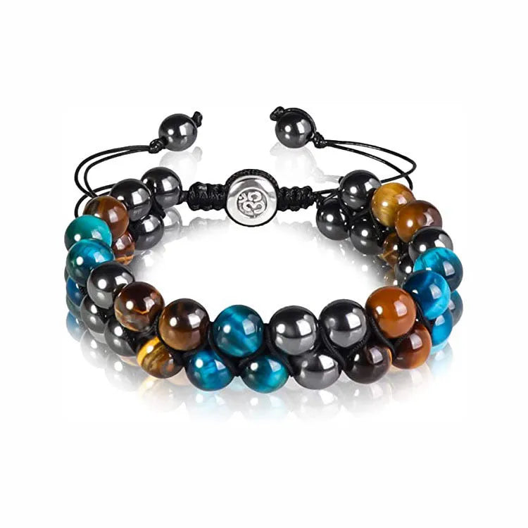 Men's Tiger Eye double-layer woven bracelet with bright magnets and geometric patterns