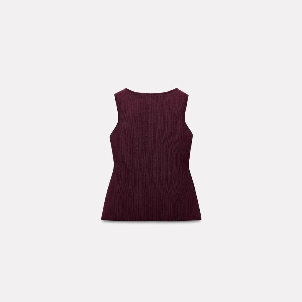 Dark red women's sleeveless sweater vest with gold buttons and 3D pattern detail