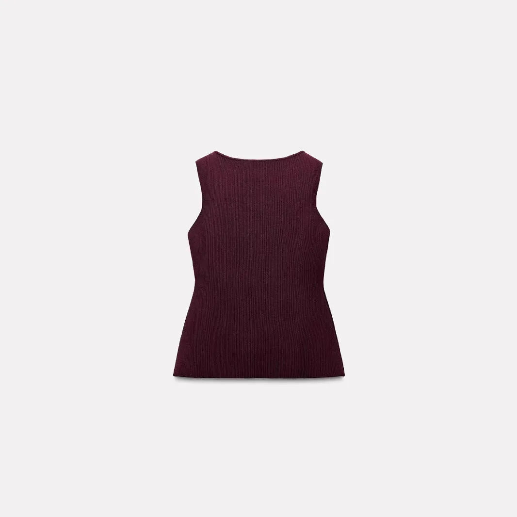 Dark red women's sleeveless sweater vest with gold buttons and 3D pattern detail
