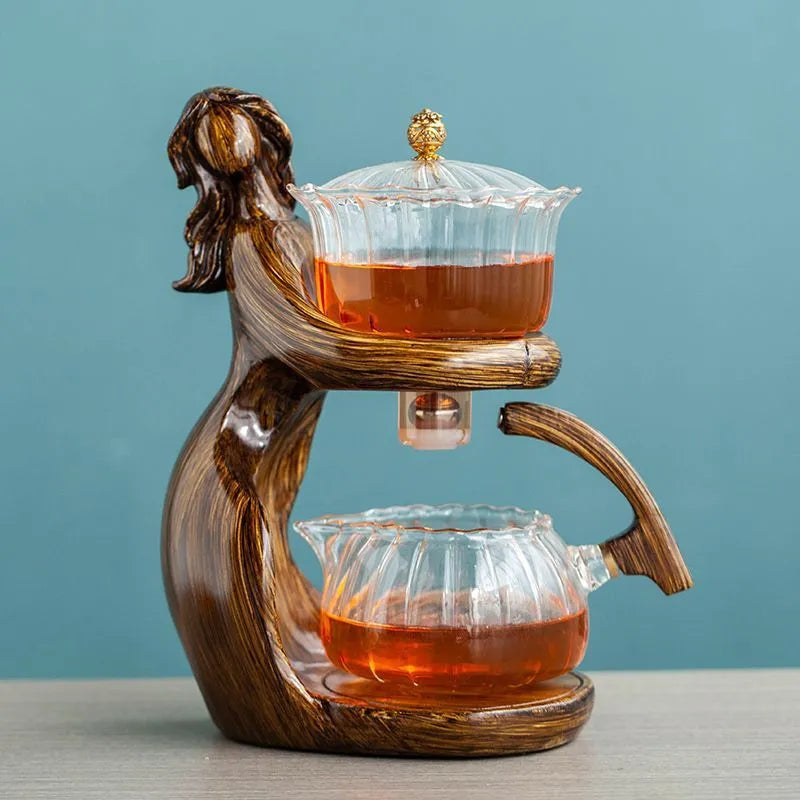 Maid semi-automatic borosilicate glass tea set with stainless steel filters and Chinese style design on tea tray