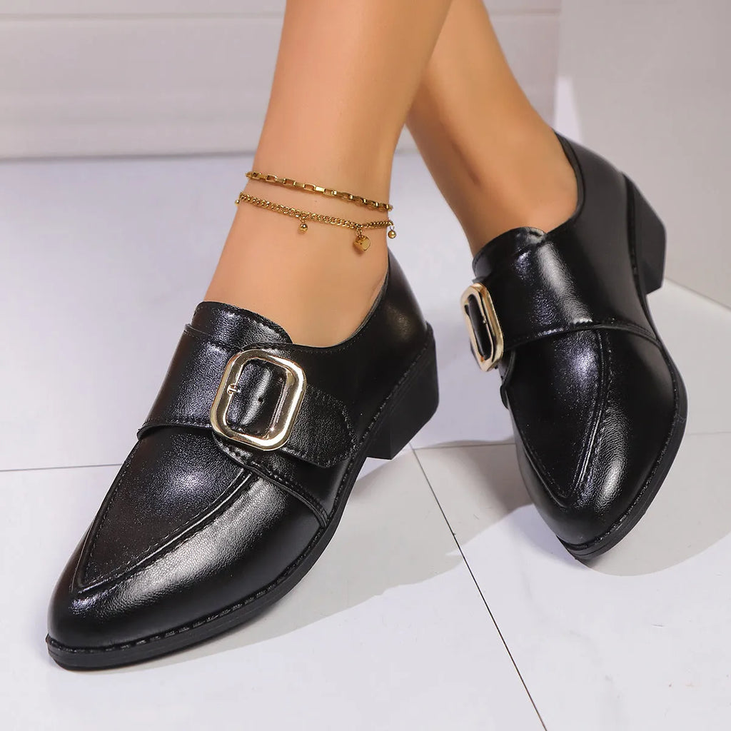 Women's British-style leather flats with bow decoration on pointed toe, showing three bow style options