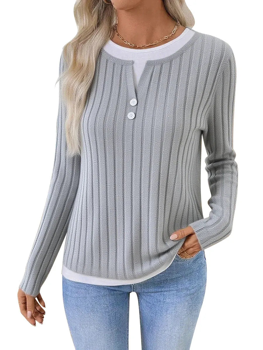 Women's concave stripe polyester pullover sweater with fake two-piece button detail in street fashion style