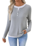 Women's concave stripe polyester pullover sweater with fake two-piece button detail in street fashion style
