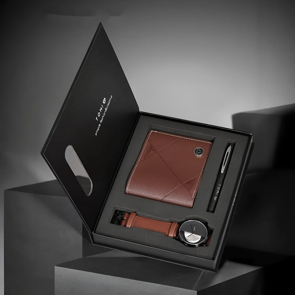 Men's business wallet quartz watch set with signature pen in set box showing black belt option