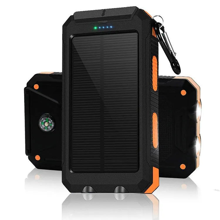 8000mAh solar power bank with compass, PVC silicone shell, 75x140x20mm, black blue orange green