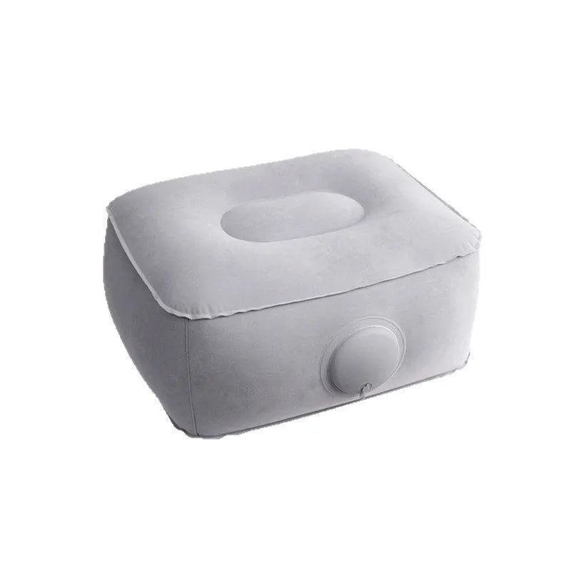 Blue inflatable seat cushion with flocked texture, shown inflated for use and folded for storage.