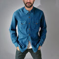 Denim cardigan coat in regular fit showing colour options of khaki, black, blue, and grey