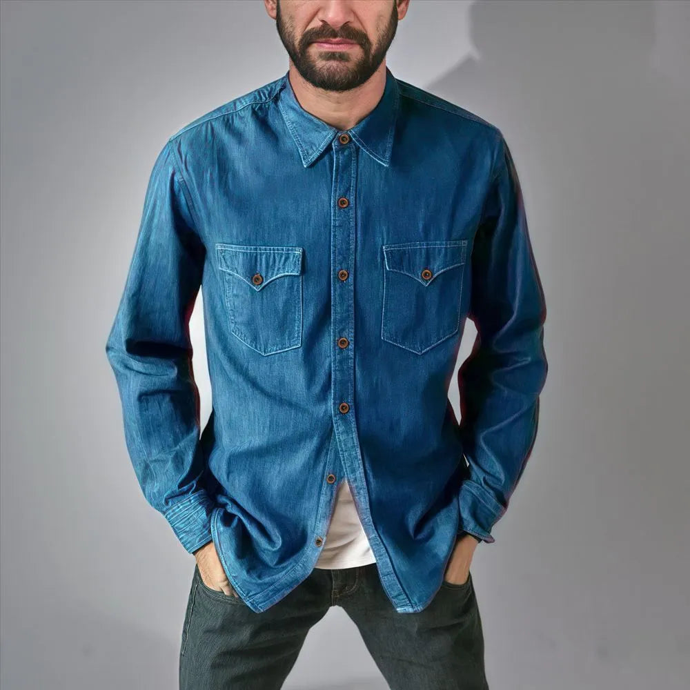 Denim cardigan coat in regular fit showing colour options of khaki, black, blue, and grey
