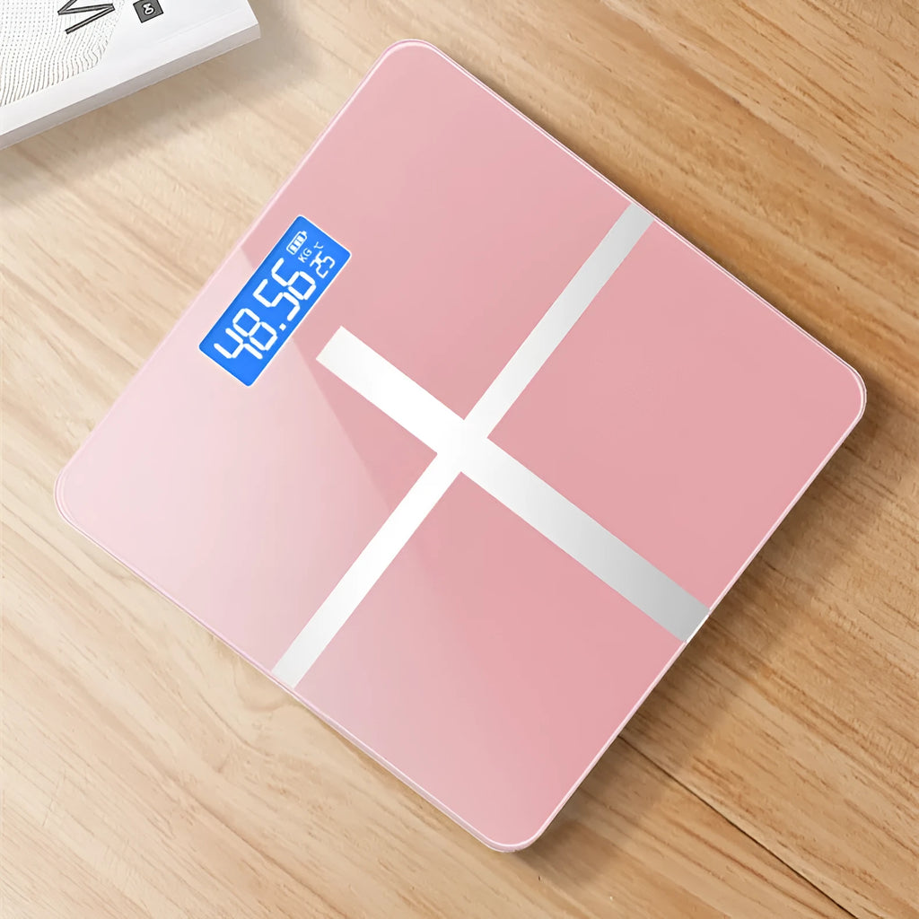 Electronic bathroom scale with USB rechargeable battery in cross black, rose red, and white colour options
