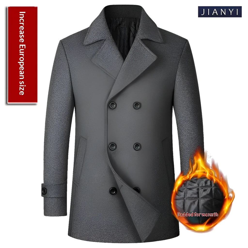 Men's double-breasted lapel mid-length wool coat in loose fit, available in black colour, European sizes S to XXL