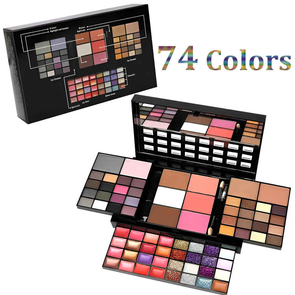 74 colour makeup palette open showing four layers of eyeshadow, lip gloss, blush and contour powders with included brushes.