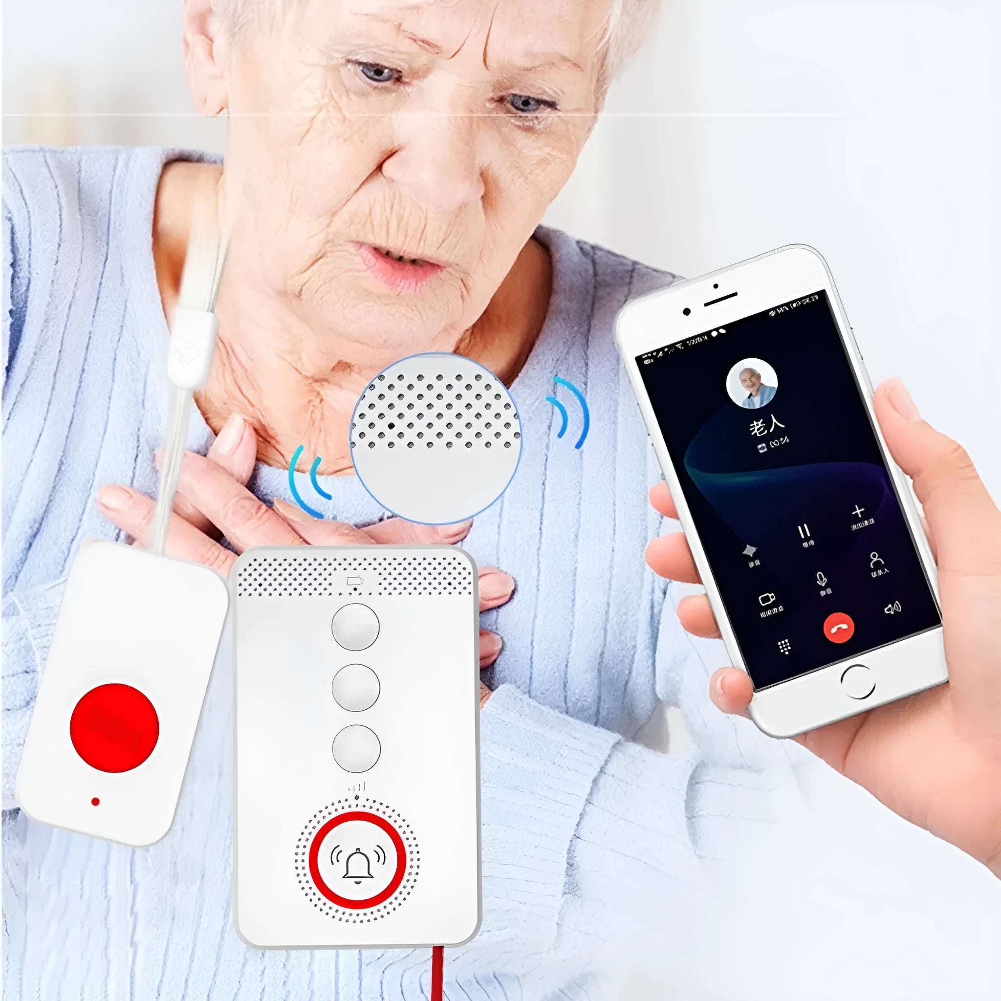 White central buzzer unit and three wireless emergency call buttons for elderly personal alarm system.