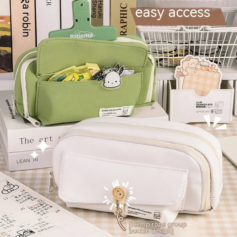 Canvas pencil case in green, beige, blue, or grey storing about 80 pens