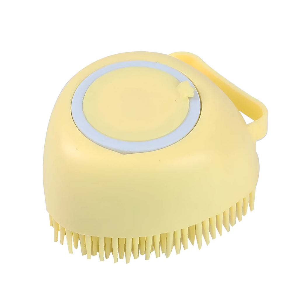 Silicone dog bath brush in blue, pink and yellow colours with soft rubber bristles and ergonomic handle