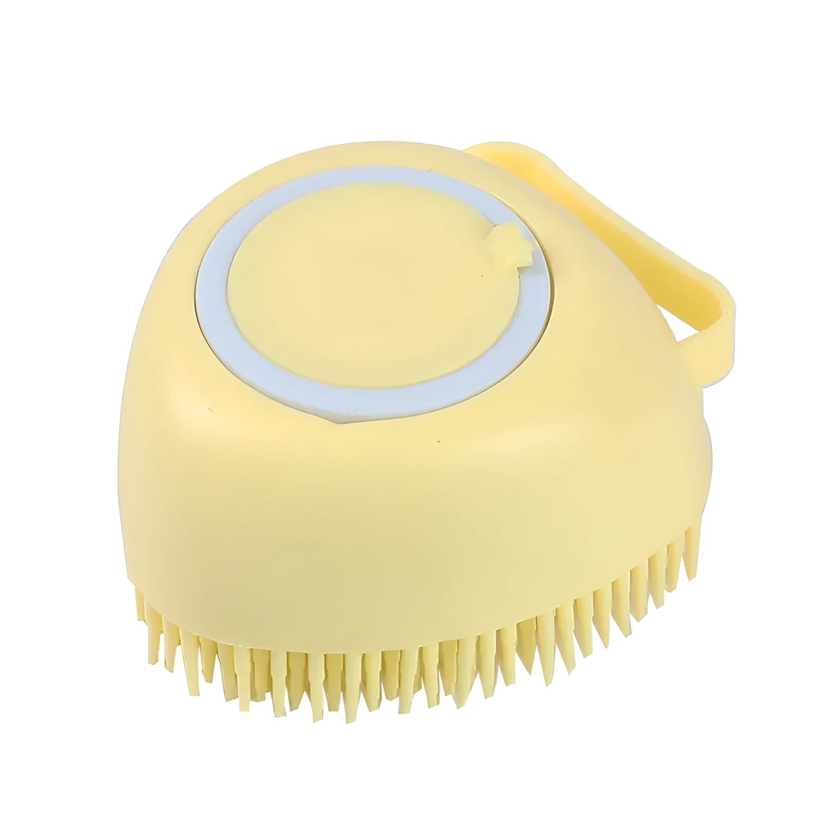 Silicone dog bath brush in blue, pink and yellow colours with soft rubber bristles and ergonomic handle