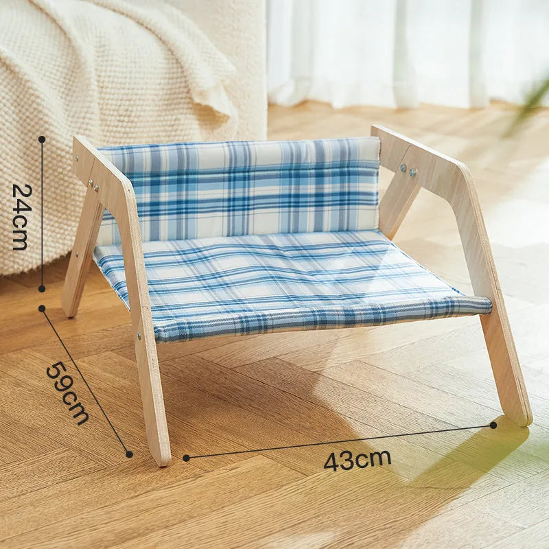 Wooden elevated cat beach chair bed with cloth hammock in green or blue colour options