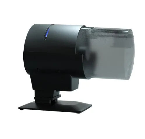 Black plastic automatic aquarium fish feeder with 210ml silo and timer control on tank rim