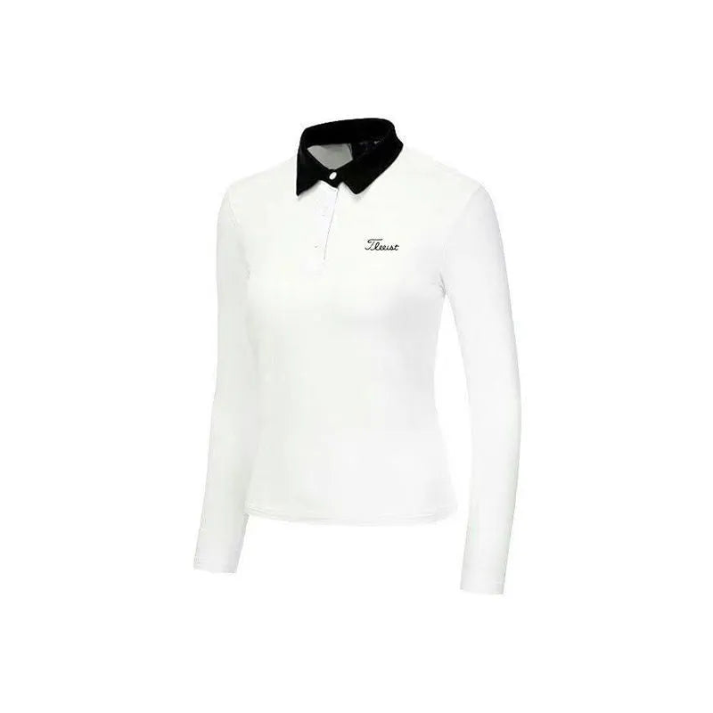 Women's slim-fit long sleeve golf top in black, made from breathable polyester fabric for sun protection.