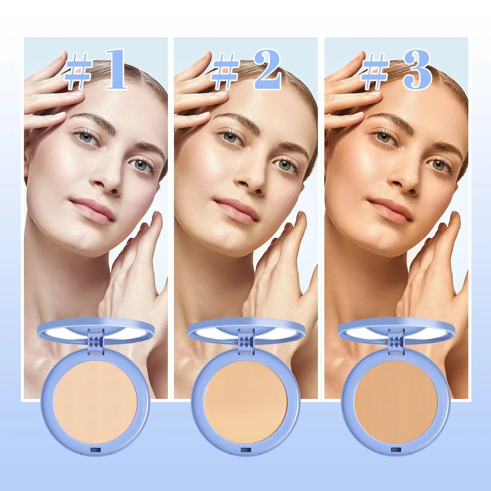 Compact finishing powder in Natural Beige, Pure Beige and Classic Ivory shades, 8g net content