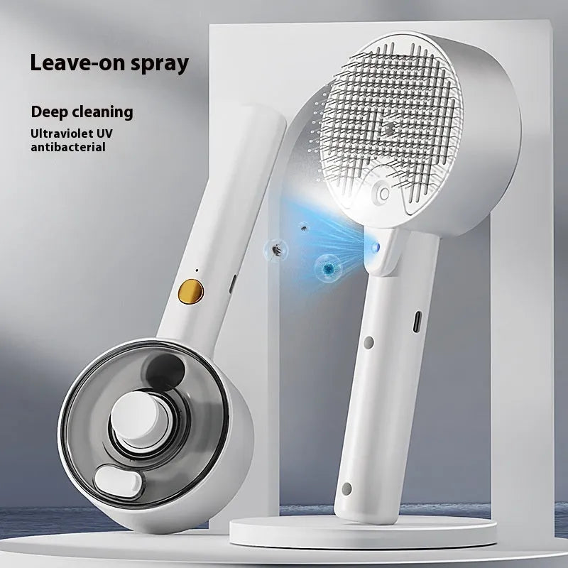 Ceramic White pet grooming brush with UVC light and essential oil spray tank for dogs and cats.