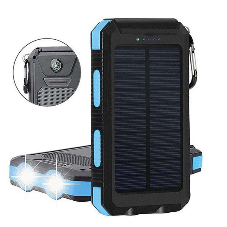 8000mAh solar power bank with compass, PVC silicone shell, 75x140x20mm, black blue orange green