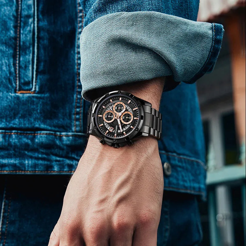Men's waterproof luminous casual quartz watch with a steel belt, shown in black and blue, black and gold, and silver and white colour options.