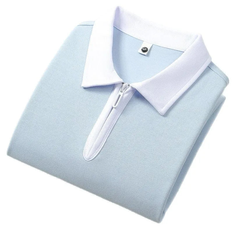Men's navy blue zipper polo shirt with a lapel collar, shown in a loose fit with short sleeves.