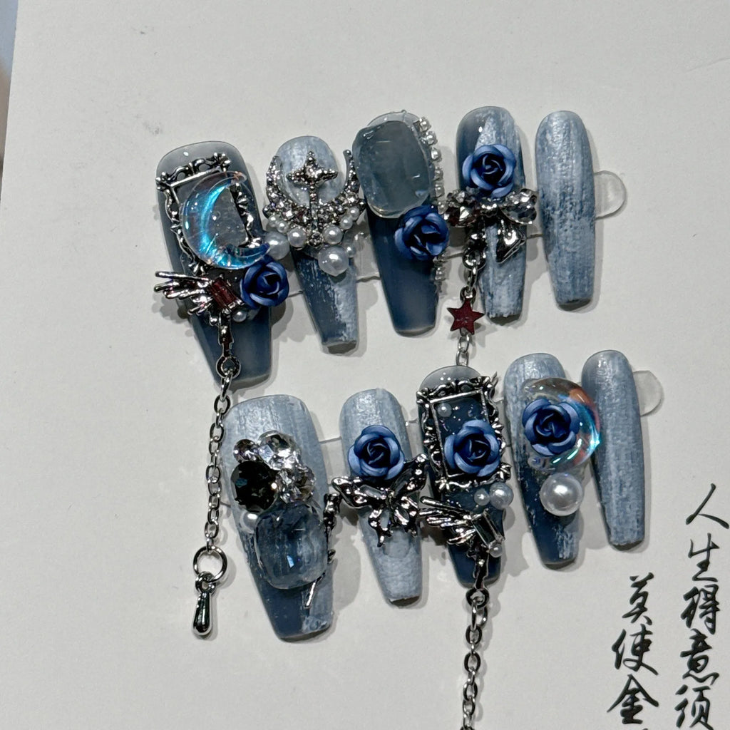 Heavy industry night blue plastic nail armour suit with rose and tulip floral patterns for evening manicure