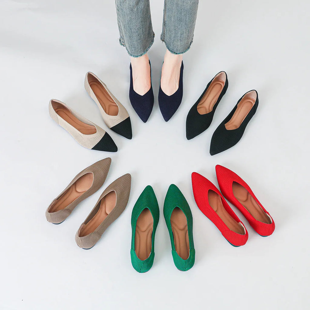 Women's apricot knit flat pump with pointed toe and rubber sole on a white background.