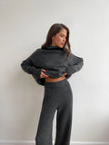 Women's dark khaki side-slit acrylic sweater with matching trousers suit set