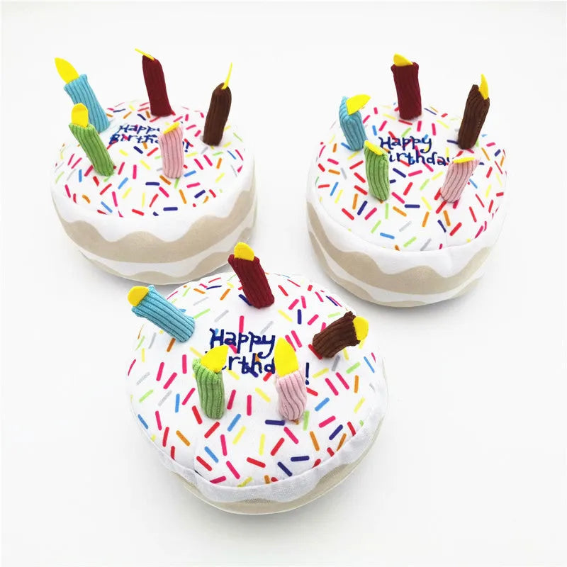 Cute dog birthday cake plush toy set with short plush big cake, small cake, gift box, and bone shapes