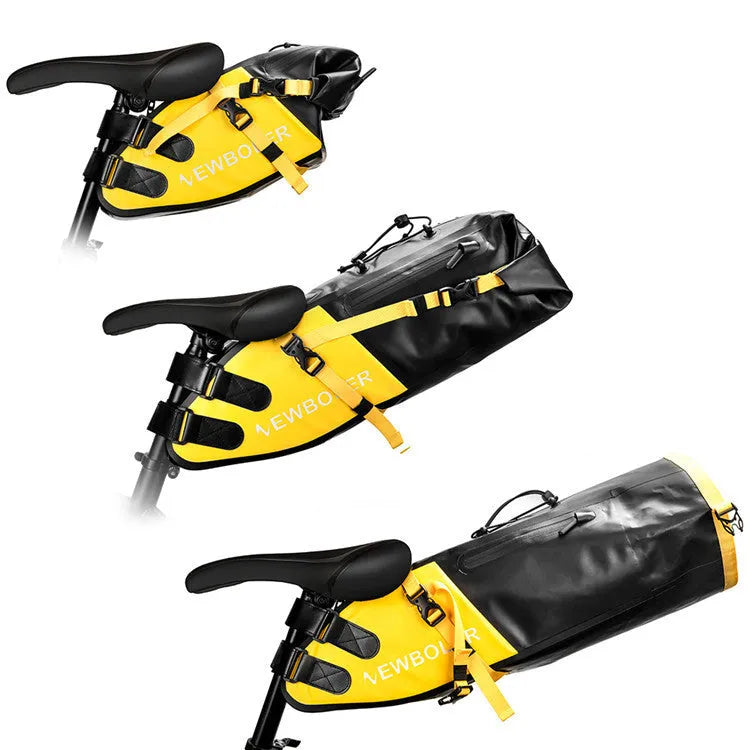 Yellow waterproof PVC cycling tail bag mounted on a bicycle rear rack, showing its 13-litre capacity.