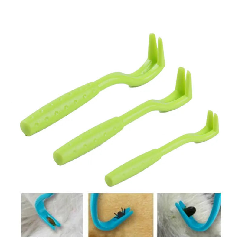 Three plastic tick removal clips in blue and green colours for pet grooming
