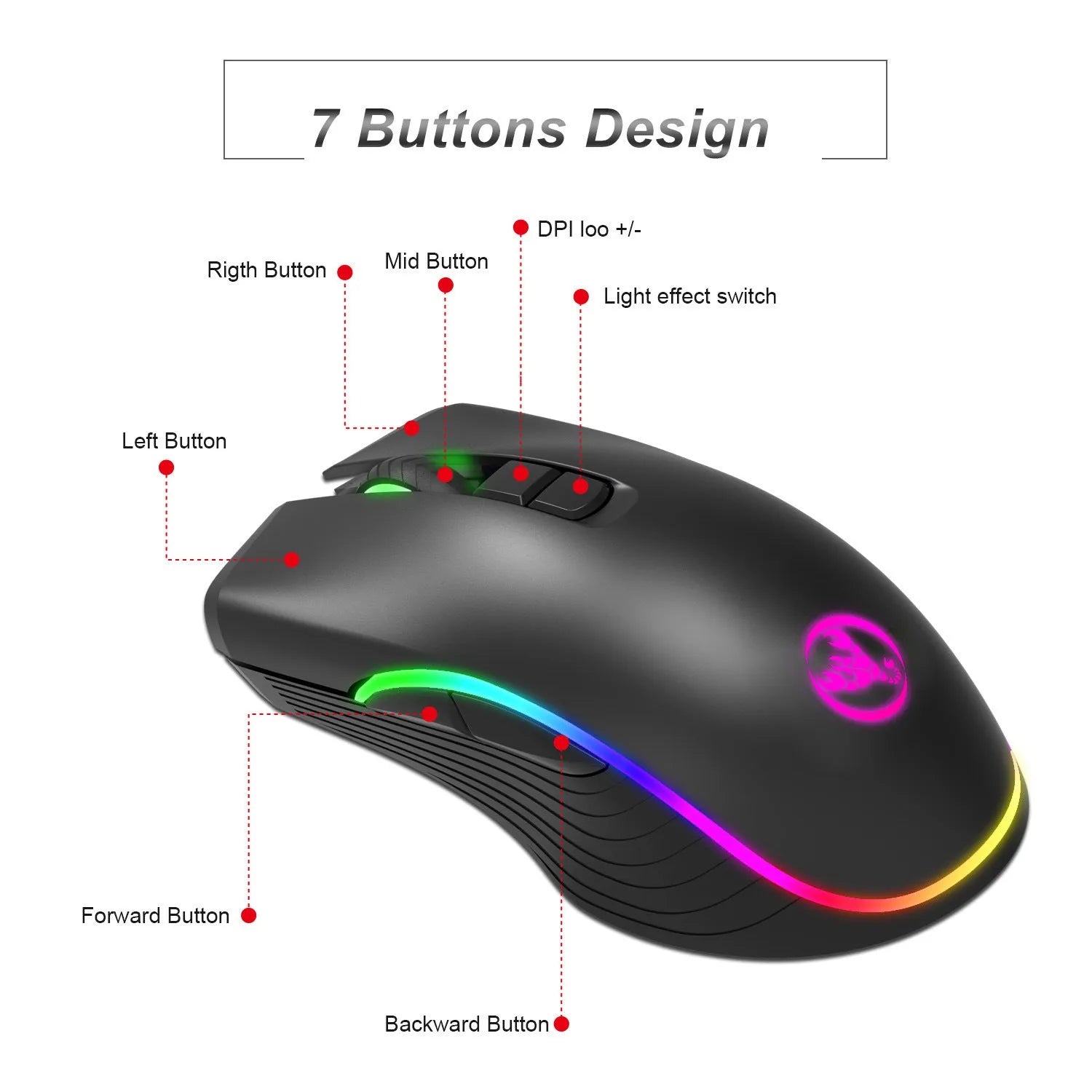 HXSJ black 2.4G wireless mouse with RGB lighting and TYPE-C charging port