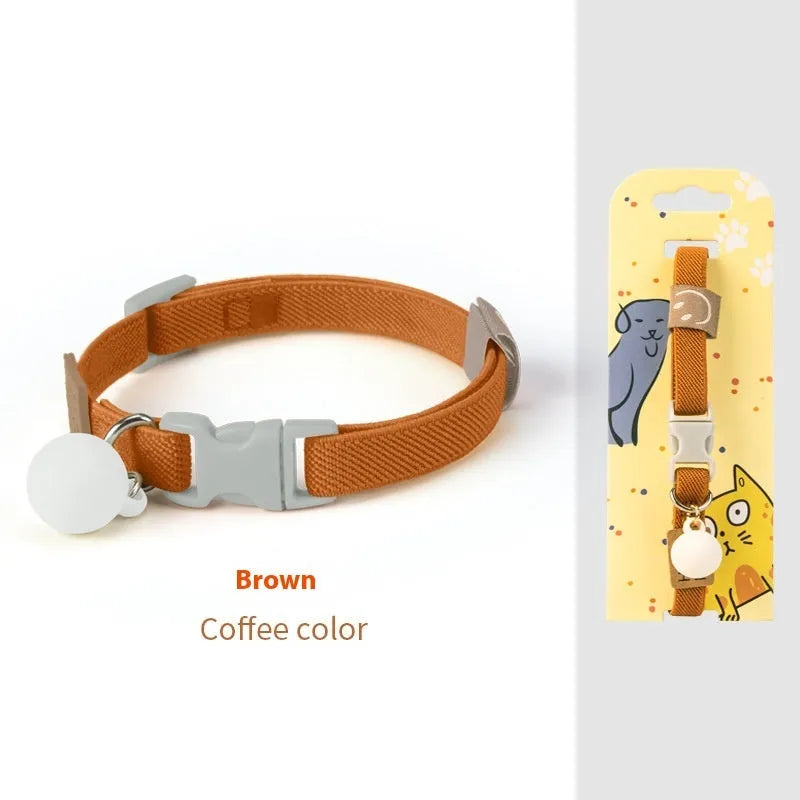 A high elasticity polyester dog collar for small dogs, shown in one of seven colours: yellow, pink, sky blue, purple, brown, dark blue or dark green.