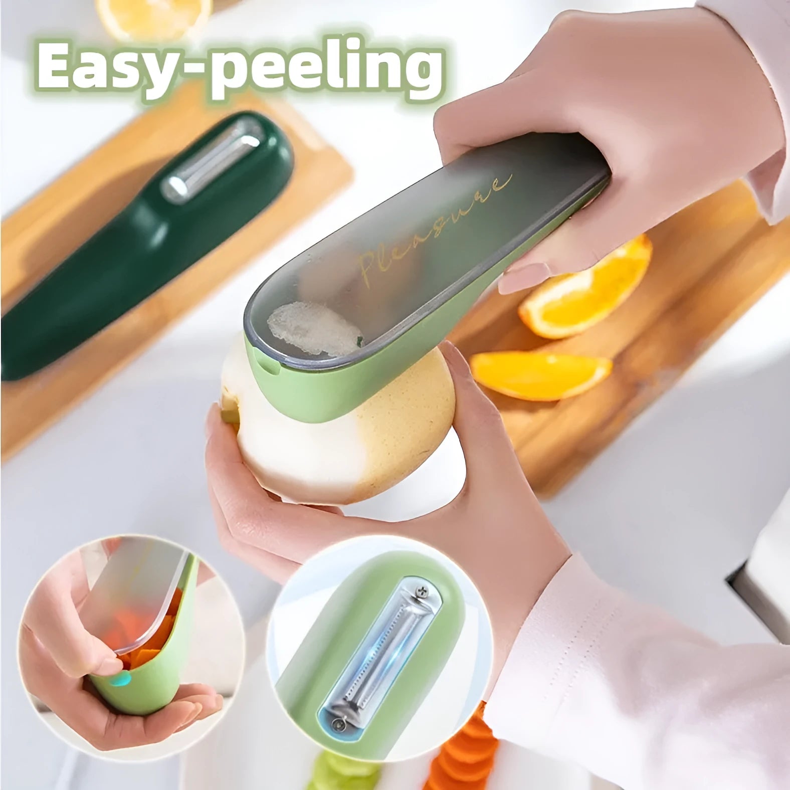Dark green kitchen peeler with storage tube and stainless steel blade for fruit and vegetable peeling