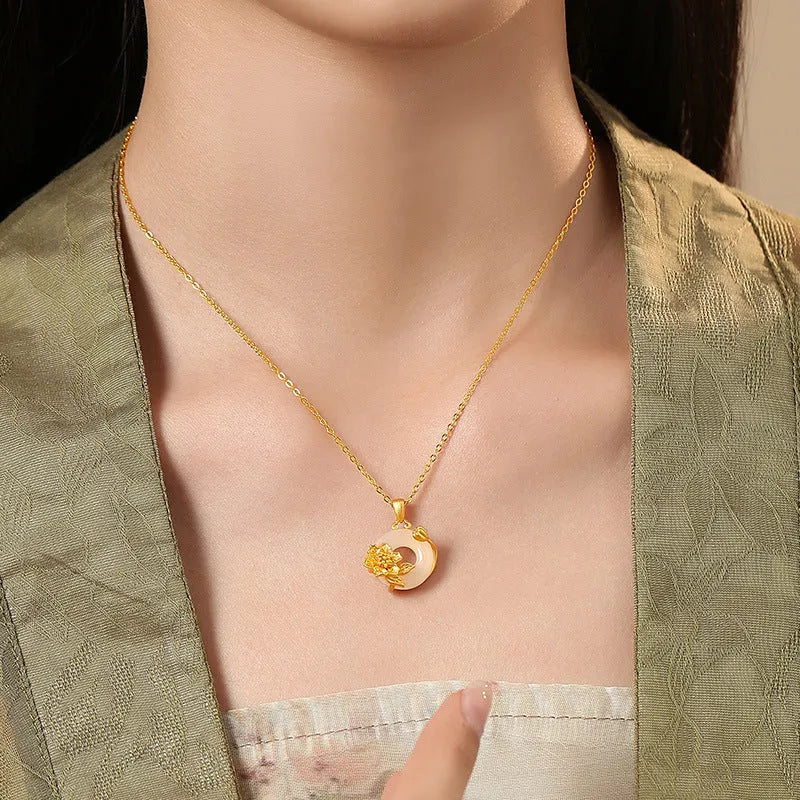 Copper flower pendant with white chalcedony, safety buckle clasp, birth month floral pendant necklace