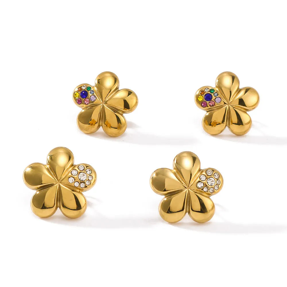 Popular flower earrings with diamond inlay in stainless steel with 18K gold plating