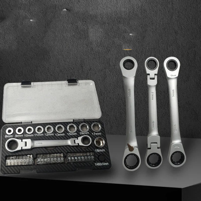 Ratchet wrench set with two-way mechanism, sockets, and batch heads arranged on work surface