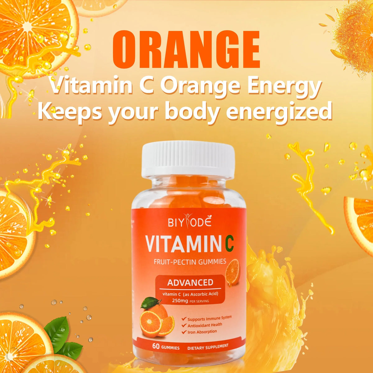 Vitamin C gummies bottle with 60 gummies, vegan sugar-free OEM/ODM private label supplement