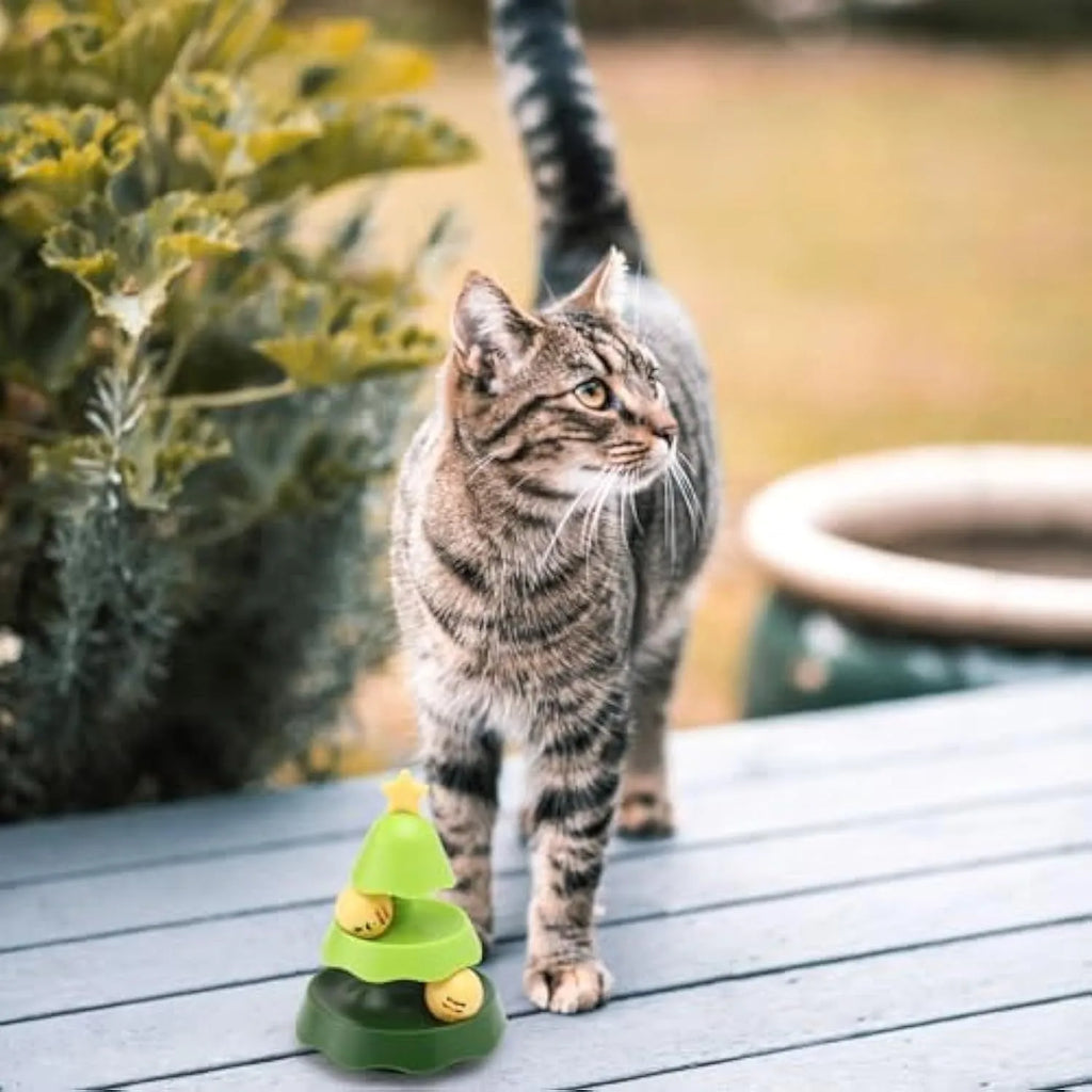 Green tree-shaped cat track toy with two levels and moving balls for indoor cats