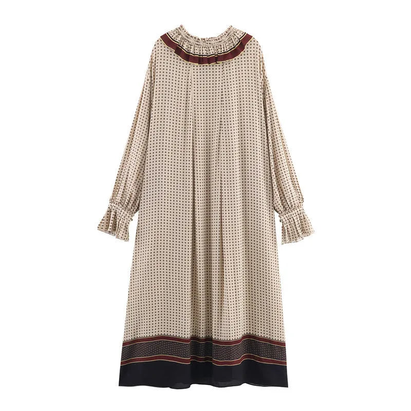 Women's cotton printed long dress with stripes and plaid in picture colour, loose mid-waist fit