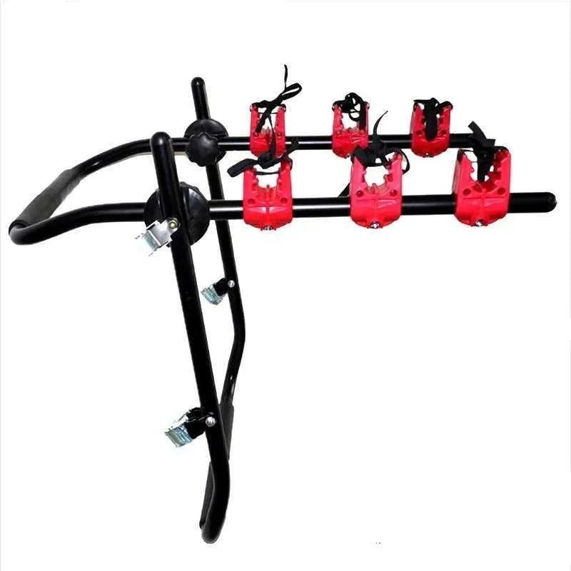 Black and red car trunk-mounted bicycle holder rack with iron construction measuring 73cm by 50cm
